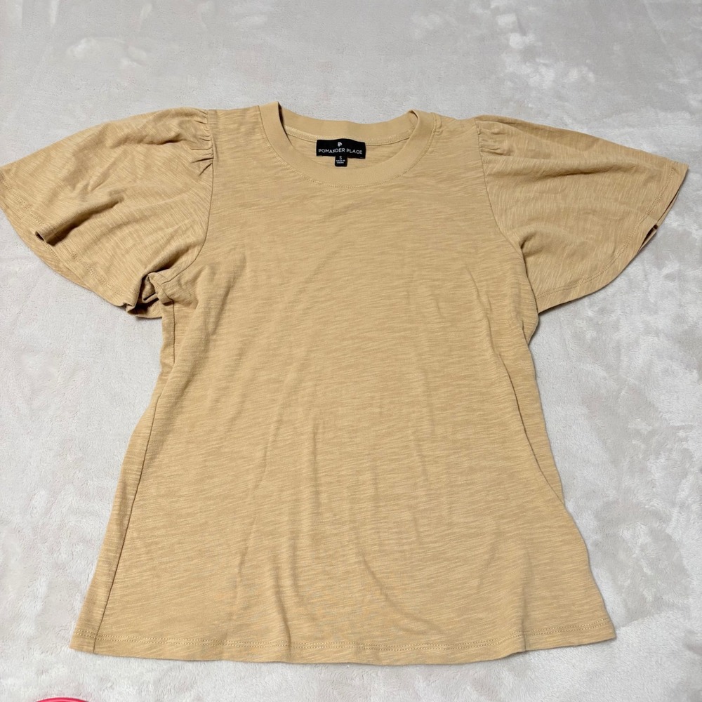Pomander Place‎ Flutter Sleeve Tee Womens Tan Size Small Cotton Slub Knit Top